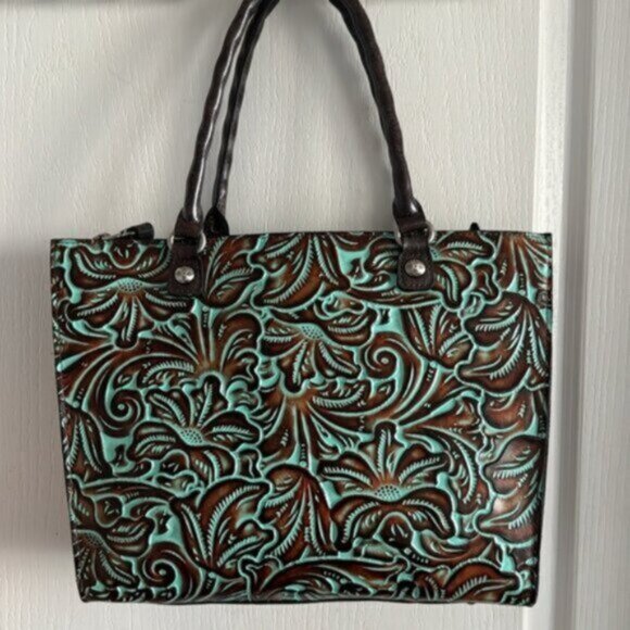 Patricia Nash Zancona Leather Front Tooled Turquoise Shoulder Handbag Xbody - Picture 7 of 12